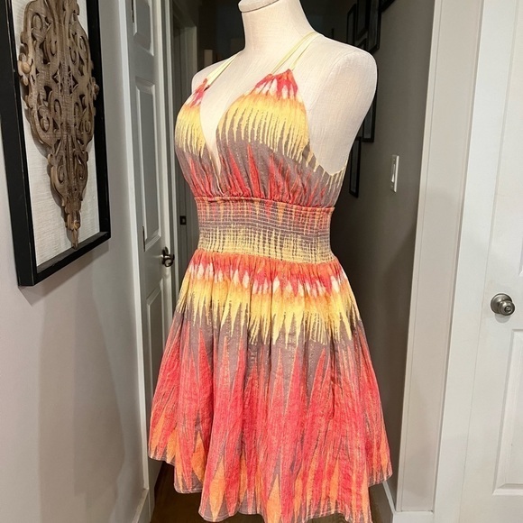 FREE PEOPLE Orange tones smock stretch waist mini dress with thin straps - Picture 8 of 15